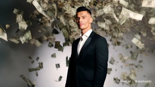 Confident Man in Minimalist Studio Amidst Falling Dollars – AI Generated Video | Hailuo AI