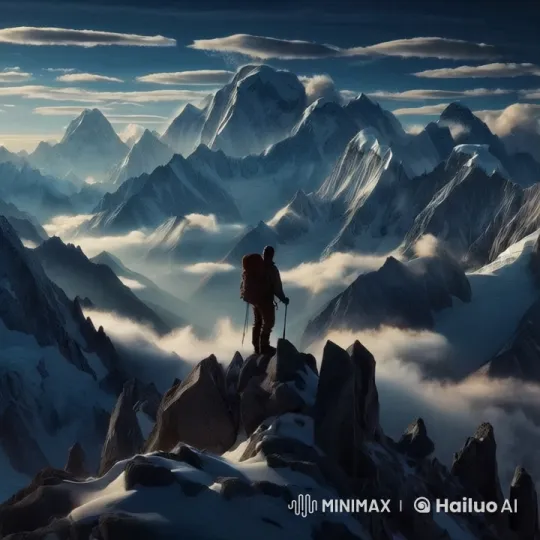 Solitary Hiker Admires Majestic Mountain Dawn – AI Generated Video | Hailuo AI