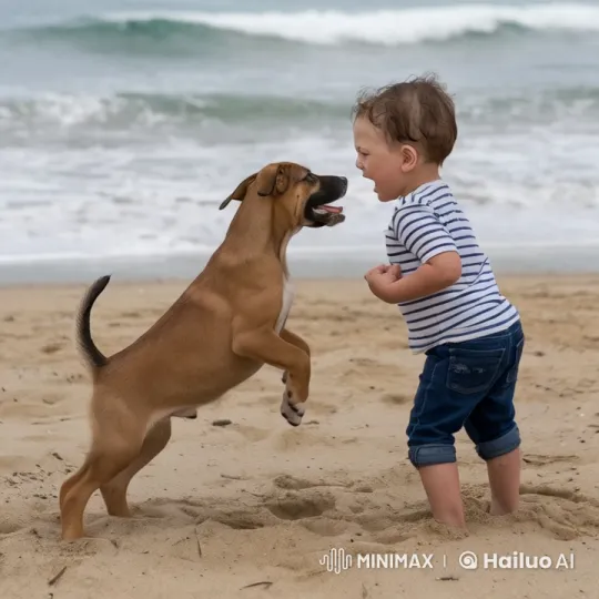 Boy and Puppy Engage in Playful Beach Duel – AI Generated Video | Hailuo AI