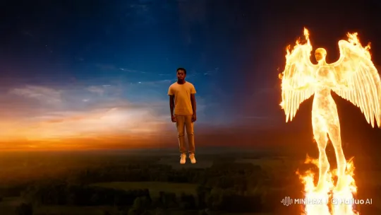 Ascension: Young Man Soars with Celestial Angel Amidst Twilight to Night Sky – AI Generated Video | Hailuo AI