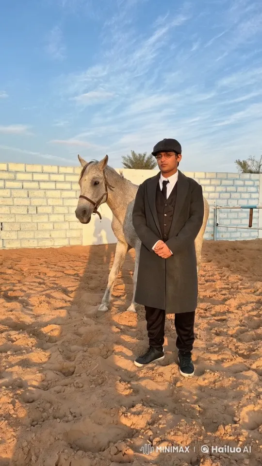 Man Smoking Beside Calm Horse in Sandy Paddock – AI Generated Video | Hailuo AI