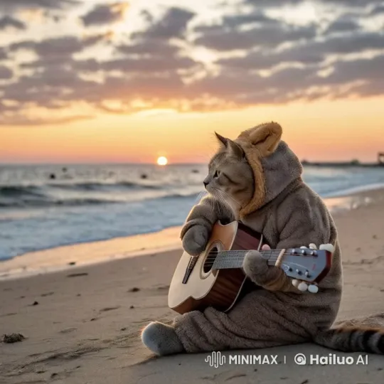 Cute Cat Serenades Sunset at the Beach – AI Generated Video | Hailuo AI