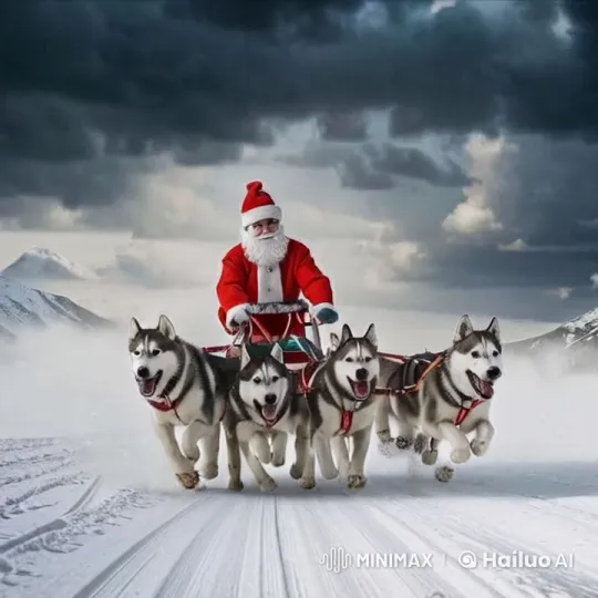 Siberian Huskies Pull Santa-Styled Musher Through Snowstorm – AI Generated Video | Hailuo AI