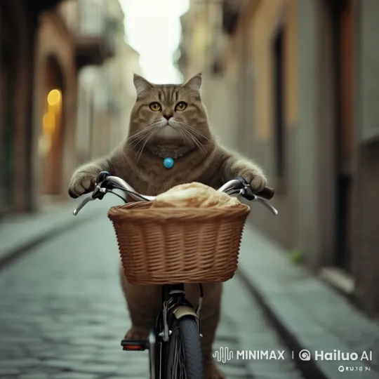 Tabby Cat Riding Bike in Enchanted Alleyway – AI Generated Video | Hailuo AI