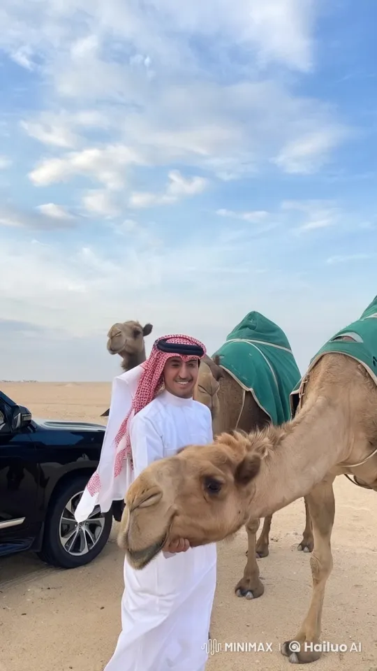 Man and Camels in Desert with Smoking Scene – AI Generated Video | Hailuo AI