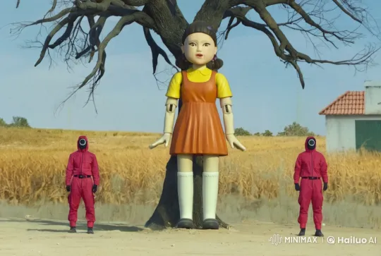 Robotic Doll and Silent Guards in Eerie Field – AI Generated Video | Hailuo AI