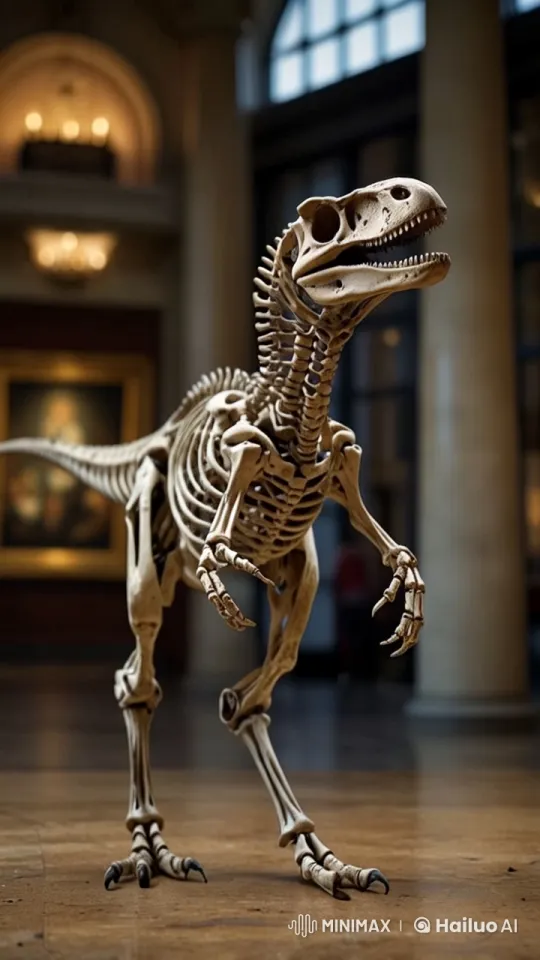 Dynamic Velociraptor Skeleton in Live2D Museum Scene – AI Generated Video | Hailuo AI