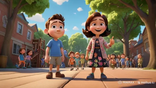Vibrant Schoolyard Scene with Confident Mohammed and Animated Waleed – AI Generated Video | Hailuo AI