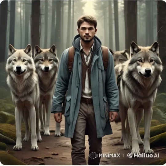 Man Walks with Wolves in Serene Forest – AI Generated Video | Hailuo AI