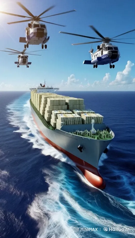 Police Helicopters Escort Massive Cargo Ship – AI Generated Video | Hailuo AI