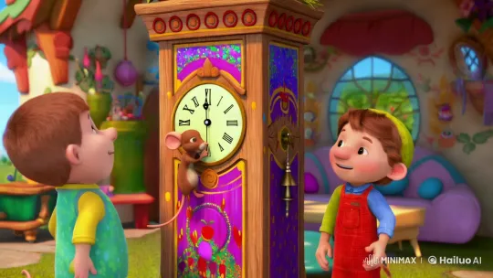 Animated Characters and Curious Mouse in Colorful Clockroom – AI Generated Video | Hailuo AI