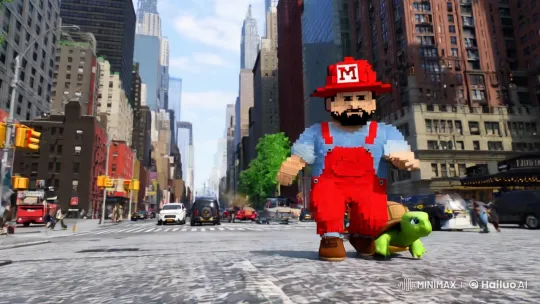 Pixelated Man Blends into 2.5D NYC Side-Scrolling Game World – AI Generated Video | Hailuo AI
