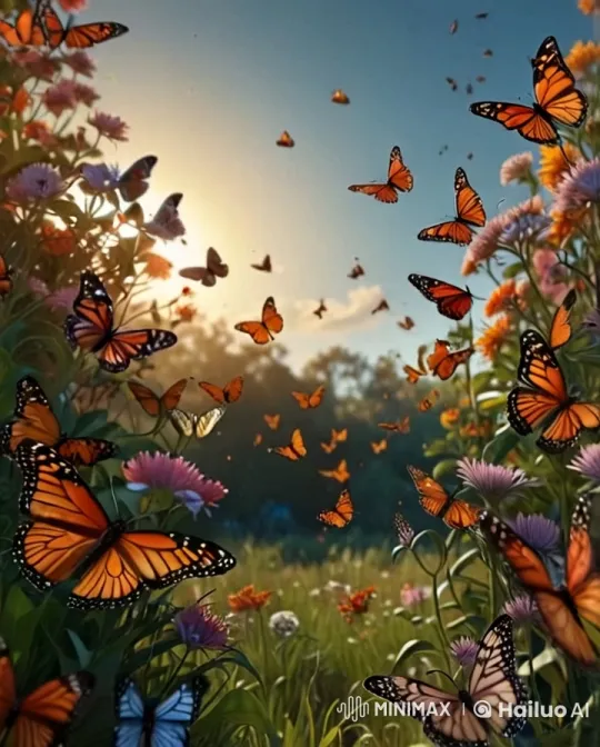 Monarch Butterflies Dance in Sunset-Lit Meadow – AI Generated Video | Hailuo AI