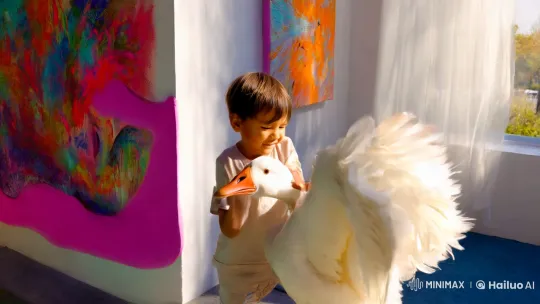 Child and Goose Dance in Sunlit Artistic Play – AI Generated Video | Hailuo AI