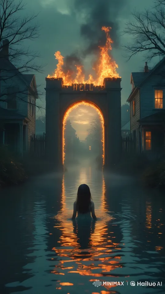 Young Girl Approaches Fiery Gates of Hell Through Misty Waters – AI Generated Video | Hailuo AI
