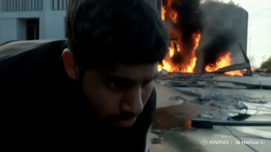 Man Faces Crisis in Front of Burning Building – AI Generated Video | Hailuo AI