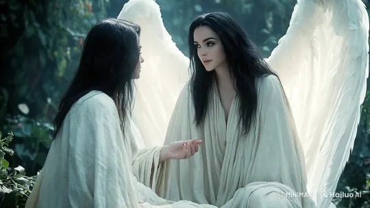Ethereal Figures Converse in Lush Garden – AI Generated Video | Hailuo AI