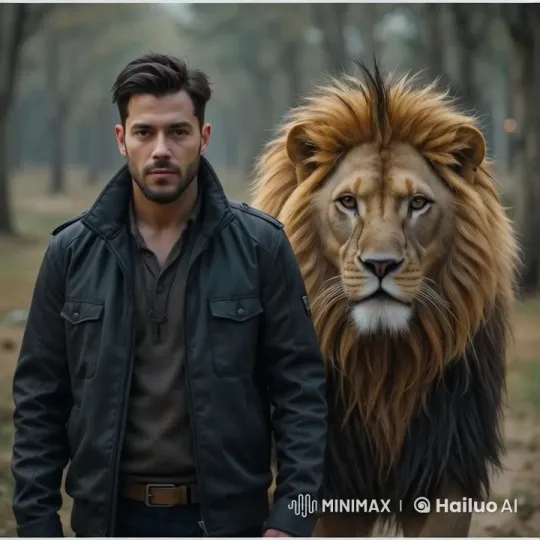 Man and Lion in Peaceful Forest Coexistence – AI Generated Video | Hailuo AI