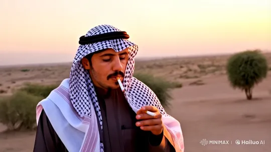 Man Reflects in Desert at Sunset with Cigarette – AI Generated Video | Hailuo AI