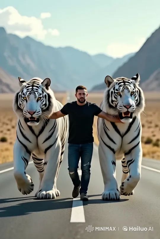 Man Walks with White Tigers on Deserted Highway – AI Generated Video | Hailuo AI