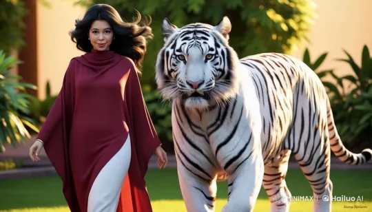 Woman and White Tiger Stroll Gracefully in Lush Garden – AI Generated Video | Hailuo AI