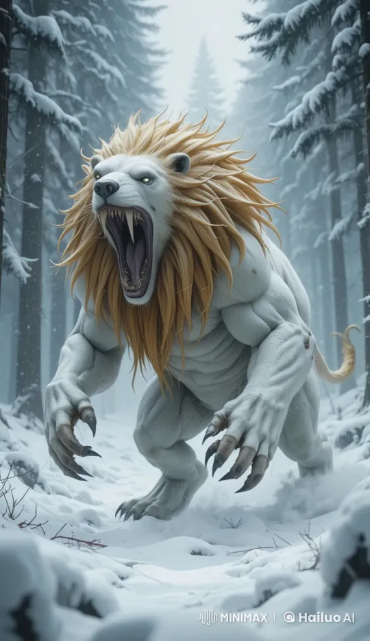 Menacing Lion-Polar Bear Hybrid Roars in Snowy Forest – AI Generated Video | Hailuo AI