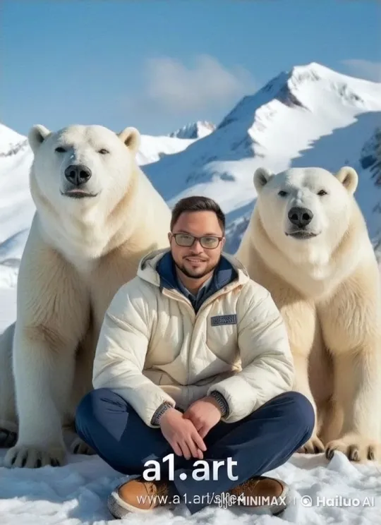 Man and Polar Bears Share Peaceful Moment in Snowy Mountains – AI Generated Video | Hailuo AI