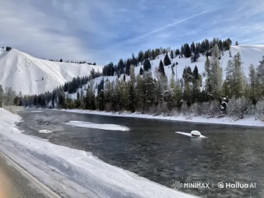 Winter Serenity: Snowy Landscape with Frozen River – AI Generated Video | Hailuo AI