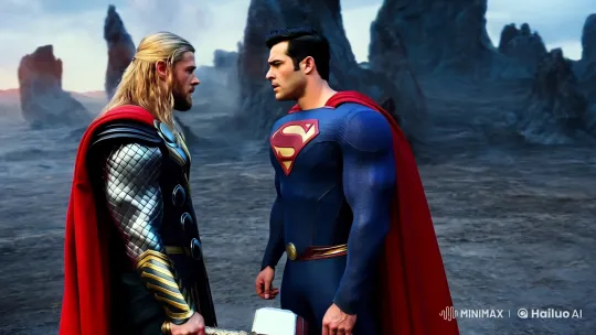 Thor and Superman Face Off in Desolate Landscape – AI Generated Video | Hailuo AI