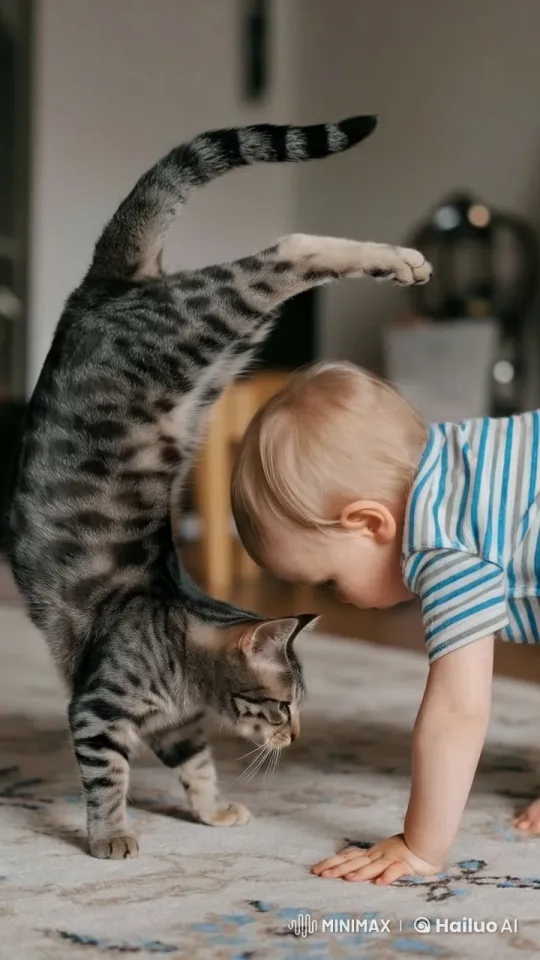 Child and Cat Mimic Martial Arts in Playful Scene – AI Generated Video | Hailuo AI