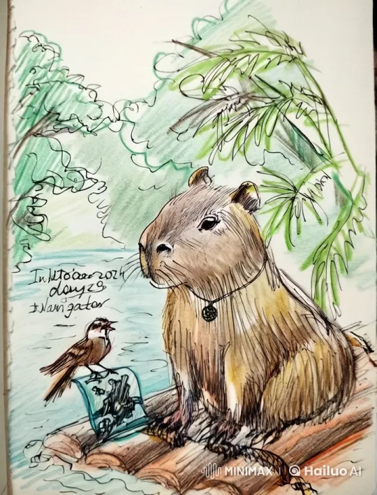 Capybara on Raft with Bird, Exploring Tropical River – AI Generated Video | Hailuo AI