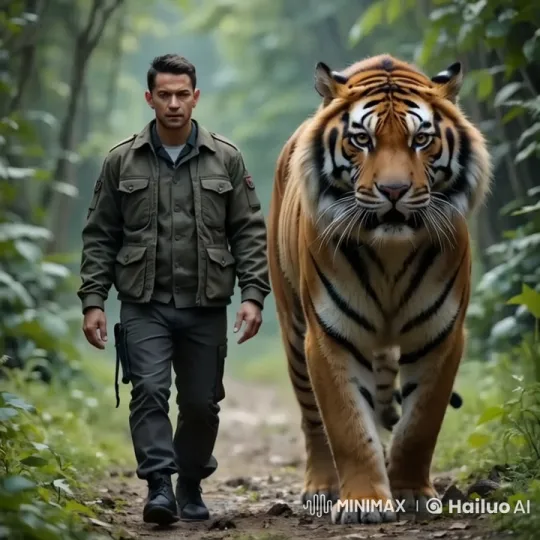Man and Tiger Walk in Harmony Through Forest – AI Generated Video | Hailuo AI