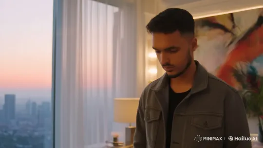 Young Man Contemplates City View in Elegant Room – AI Generated Video | Hailuo AI