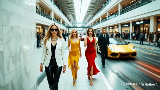 Four Stylish Protagonists Walk Through Bustling Mall – AI Generated Video | Hailuo AI