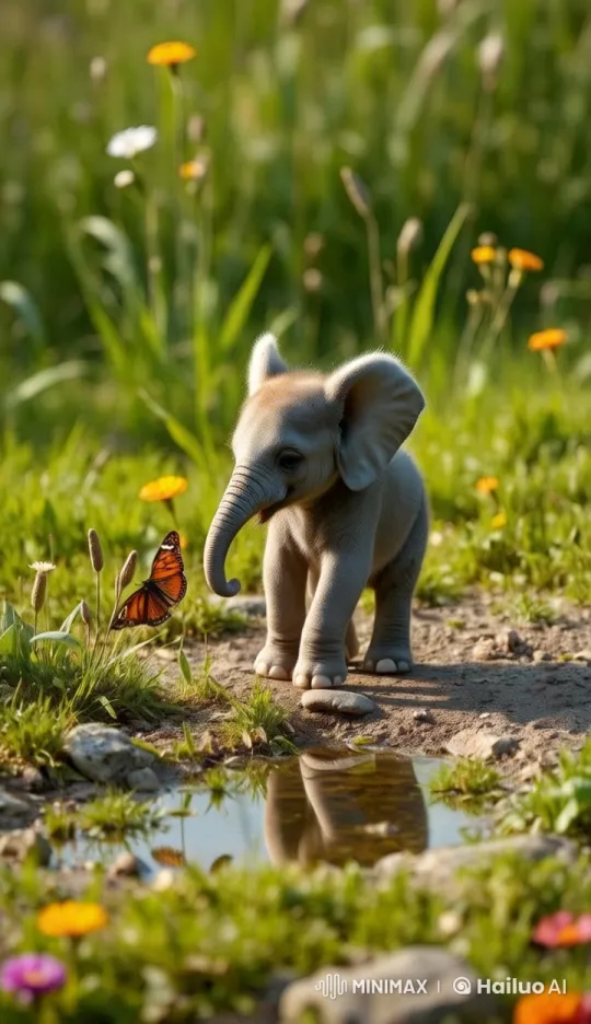 Baby Elephant Plays with Butterfly in Lush Meadow – AI Generated Video | Hailuo AI