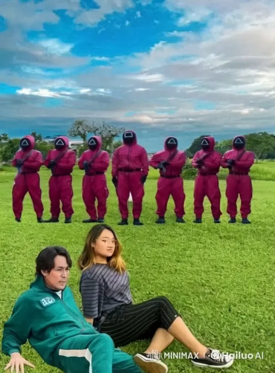 Couple Flees from Mysterious Guards in Lush Field – AI Generated Video | Hailuo AI