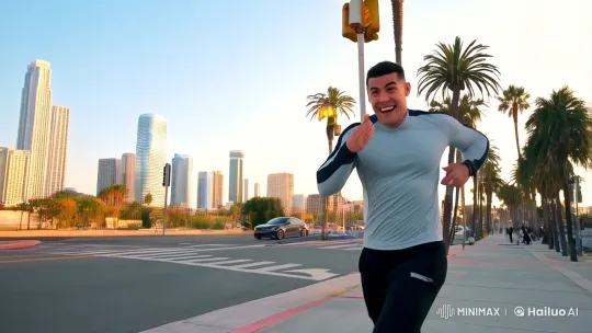 Athletic Man's Vigorous Run and Car Chase in L.A. Skyline – AI Generated Video | Hailuo AI