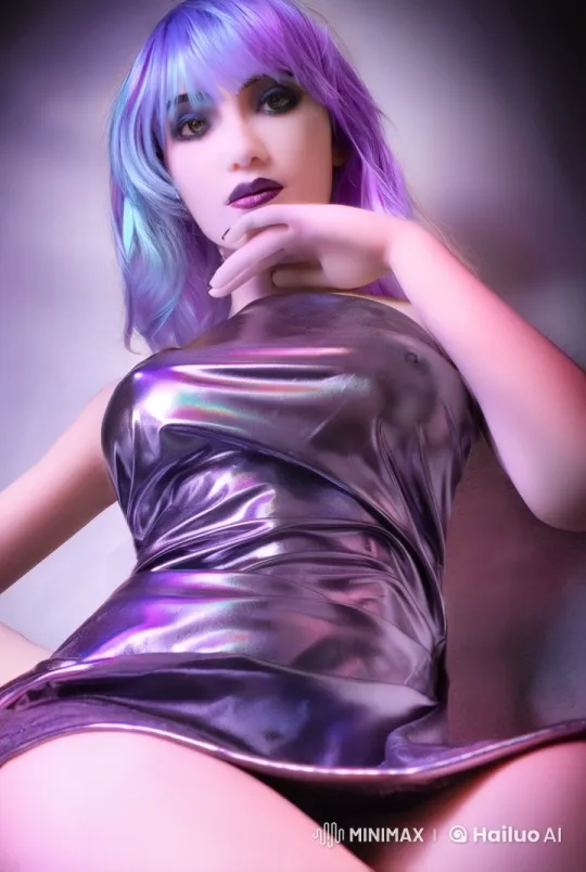 Woman with Vibrant Hair and Iridescent Dress in Dreamy Setting – AI Generated Video | Hailuo AI