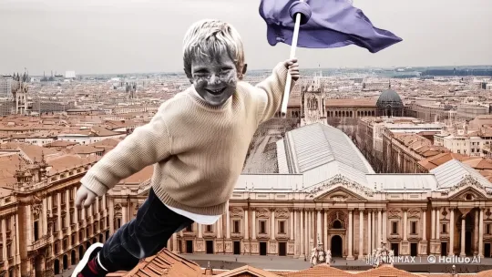 Young Boy Flies Over Milan with Peace Flag – AI Generated Video | Hailuo AI