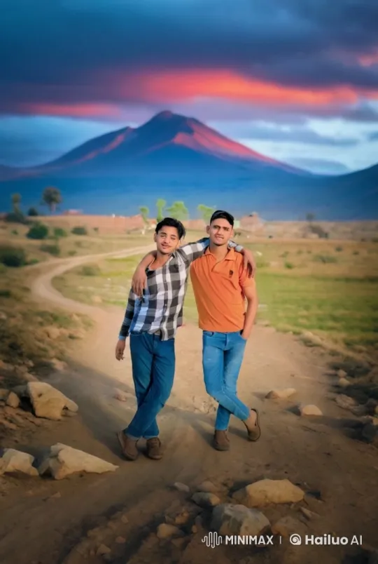 Two Friends Stroll Through Serene Sunset Landscape – AI Generated Video | Hailuo AI