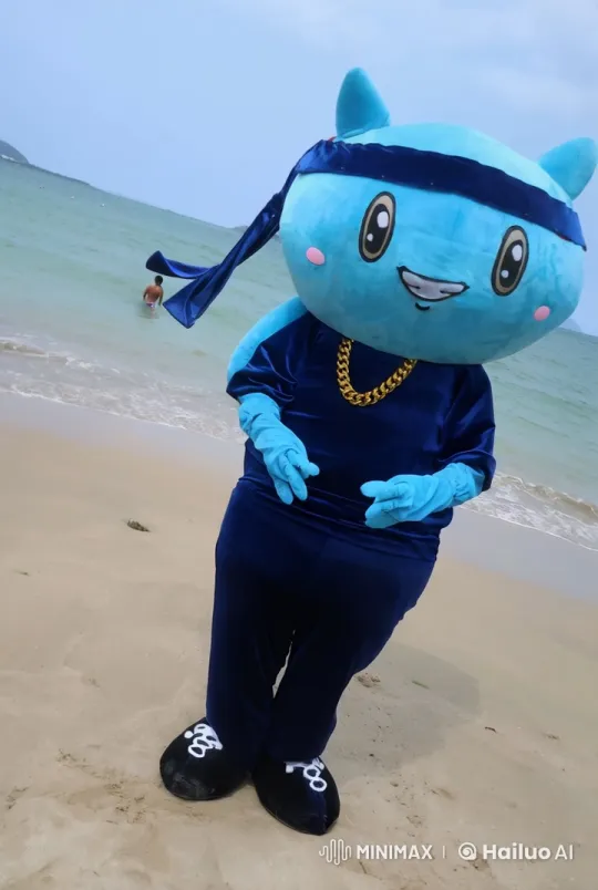 Blue Cat Mascot's Journey from Beach to Times Square – AI Generated Video | Hailuo AI