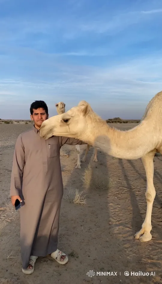 Man Smoking, Calm Camel in Desert Serenity – AI Generated Video | Hailuo AI