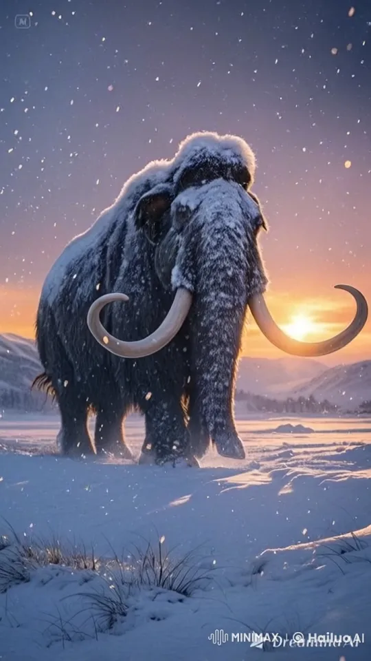 Giant Woolly Mammoth in Snowy Blizzard at Dusk – AI Generated Video | Hailuo AI