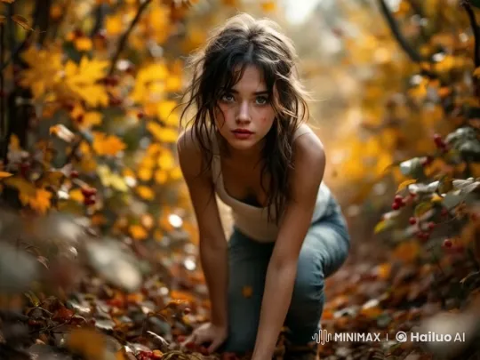 Woman Rushes Through Swirling Autumn Leaves – AI Generated Video | Hailuo AI