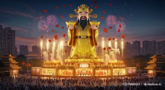 2025 Celebration: Golden Statue Amidst Festive Fireworks and Cheering Crowd – AI Generated Video | Hailuo AI