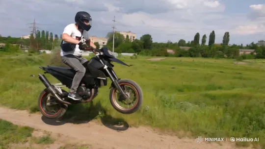Dirt Bike Jump in Lush Green Landscape – AI Generated Video | Hailuo AI
