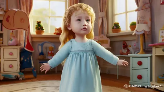 Young Girl and Pets in Quaint Room: A Playful Scene – AI Generated Video | Hailuo AI