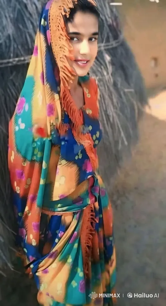 Woman in Vibrant Sari Adjusts Head Covering Outdoors – AI Generated Video | Hailuo AI