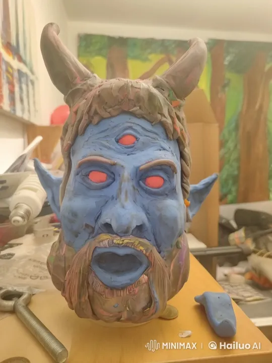 Muscular Horned Creature Threatens in Urban Artist Studio Setting – AI Generated Video | Hailuo AI