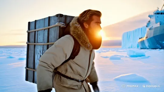Arctic Explorer Struggles Under Heavy Load at Sunrise – AI Generated Video | Hailuo AI